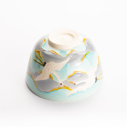 抹茶碗　淡青交趾 "朝焼けに鶴"　一如 KOTOPOTTER