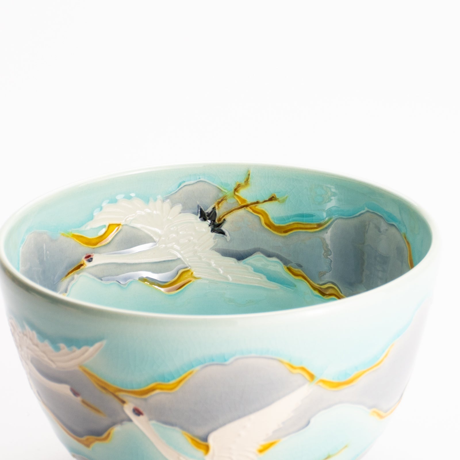 抹茶碗　淡青交趾 "朝焼けに鶴"　一如 KOTOPOTTER