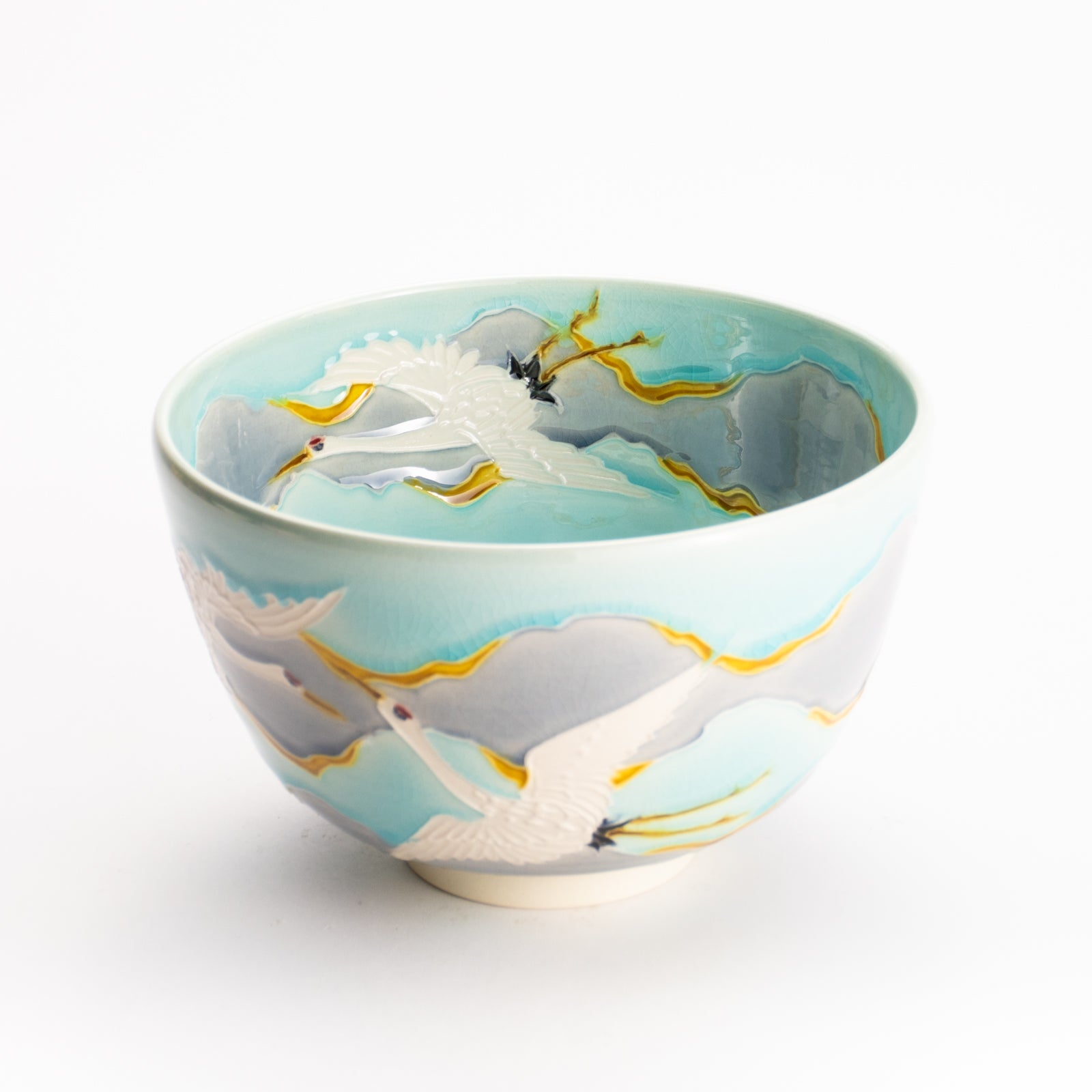抹茶碗　淡青交趾 "朝焼けに鶴"　一如 KOTOPOTTER