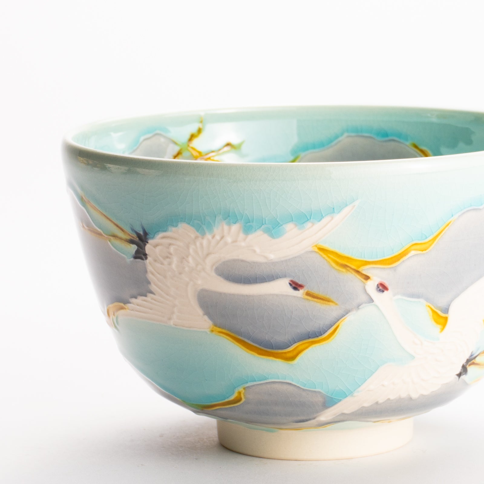 抹茶碗　淡青交趾 "朝焼けに鶴"　一如 KOTOPOTTER