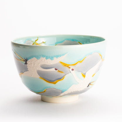 抹茶碗　淡青交趾 "朝焼けに鶴"　一如 KOTOPOTTER