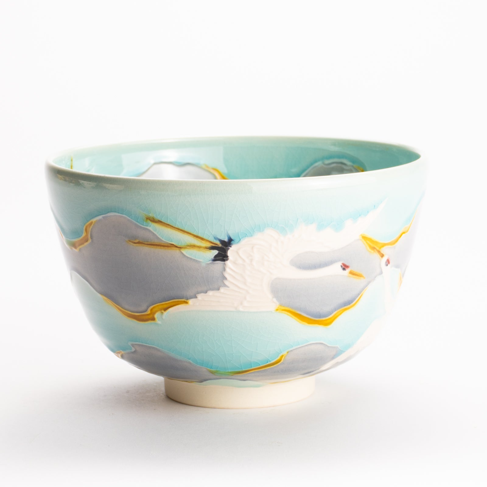 抹茶碗　淡青交趾 "朝焼けに鶴"　一如 KOTOPOTTER