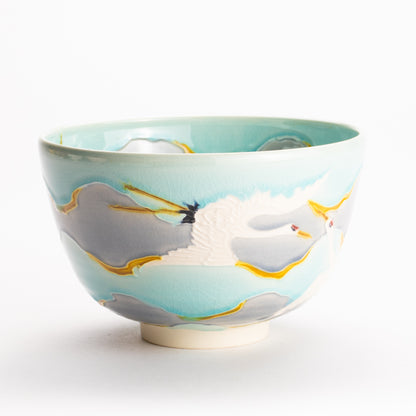 抹茶碗　淡青交趾 "朝焼けに鶴"　一如 KOTOPOTTER