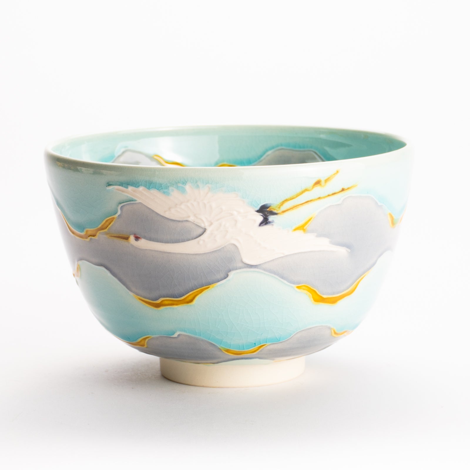 抹茶碗　淡青交趾 "朝焼けに鶴"　一如 KOTOPOTTER