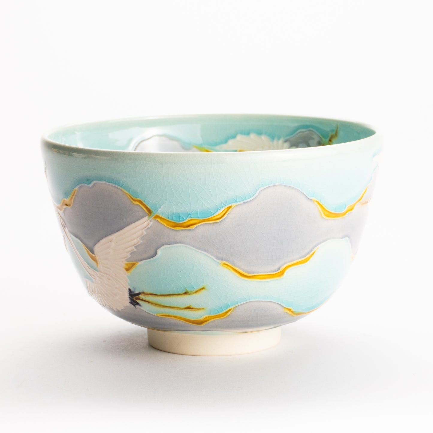抹茶碗　淡青交趾 "朝焼けに鶴"　一如 KOTOPOTTER