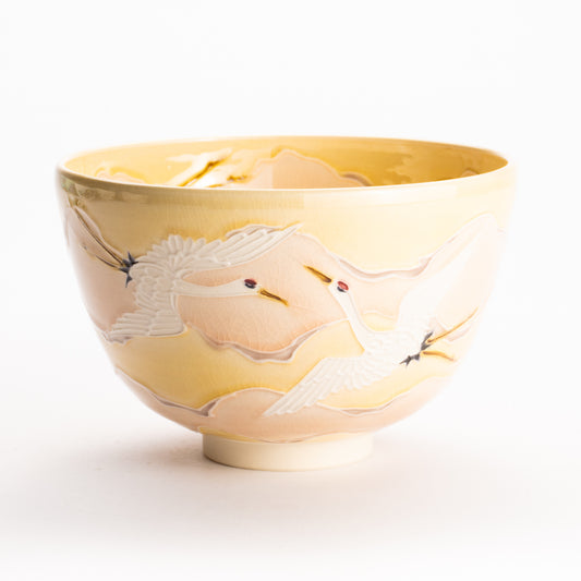 抹茶碗　淡桃交趾 "朝焼けに鶴"　一如 KOTOPOTTER