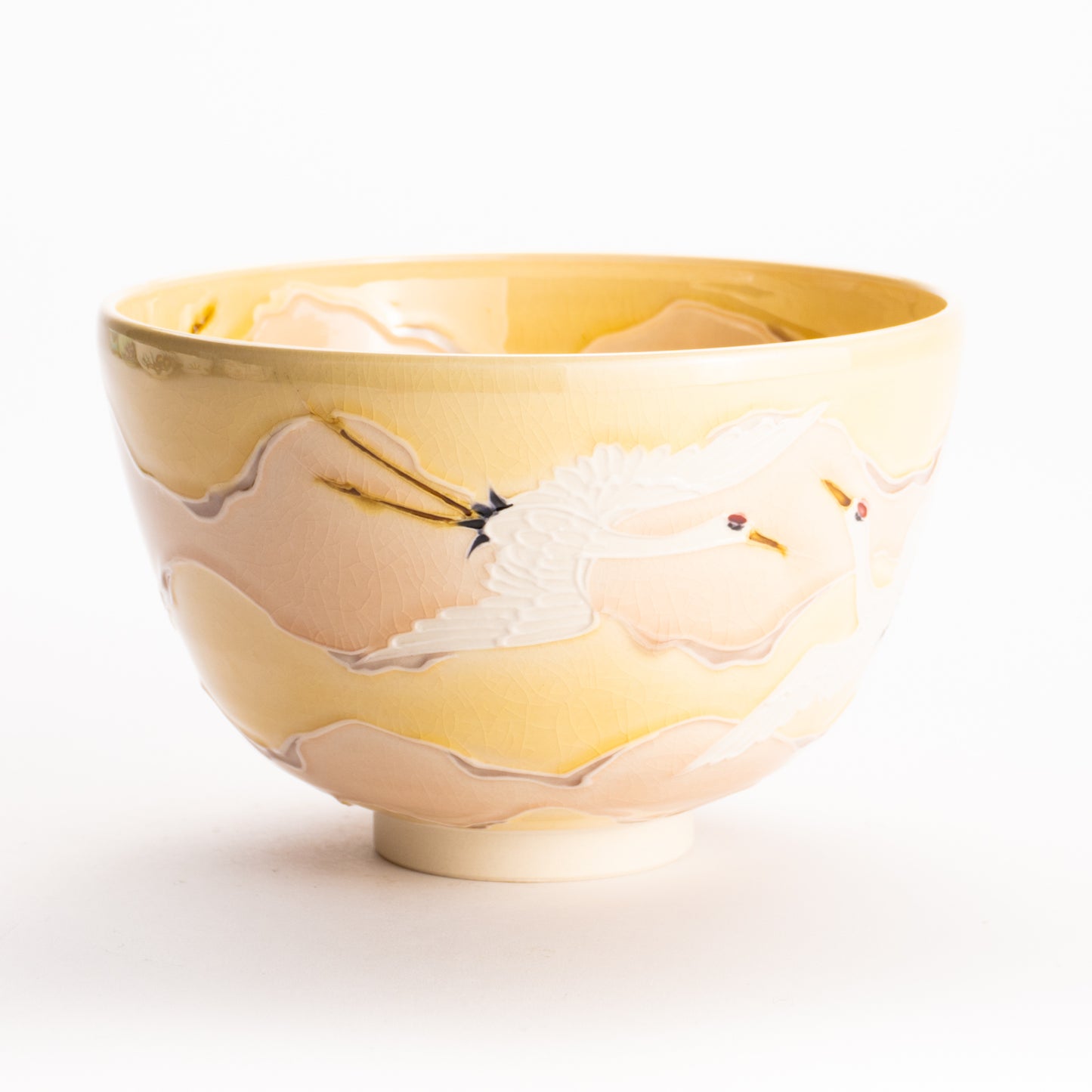 抹茶碗　淡桃交趾 "朝焼けに鶴"　一如 KOTOPOTTER