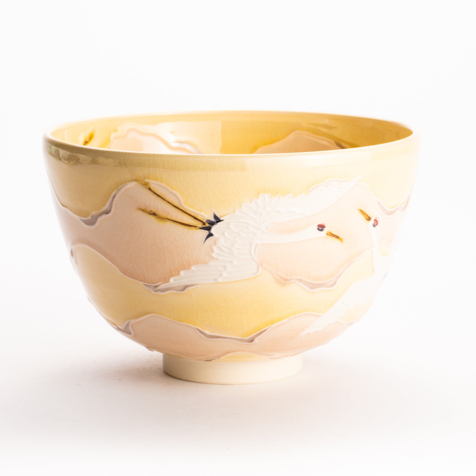抹茶碗　淡桃交趾 "朝焼けに鶴"　一如 KOTOPOTTER