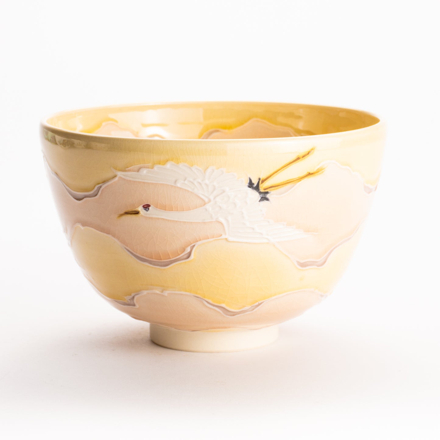 抹茶碗　淡桃交趾 "朝焼けに鶴"　一如 KOTOPOTTER