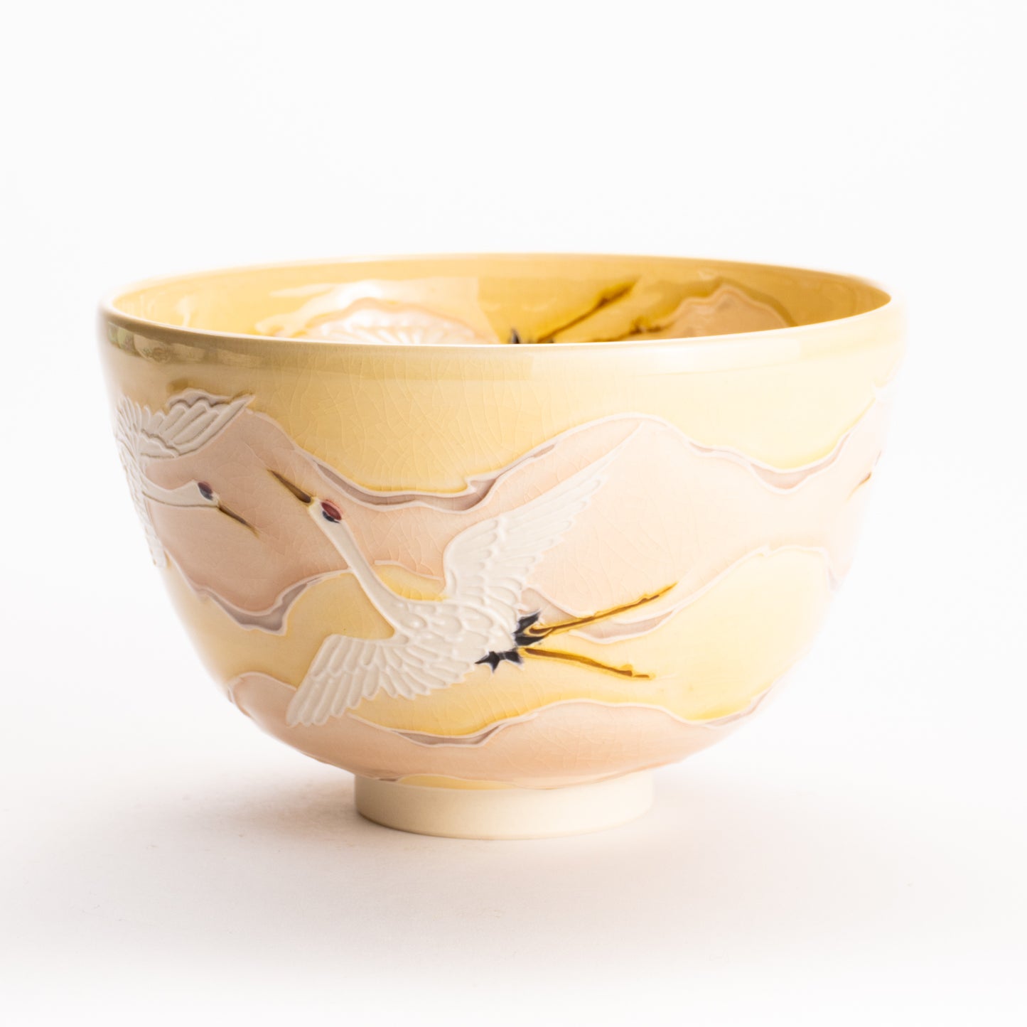 抹茶碗　淡桃交趾 "朝焼けに鶴"　一如 KOTOPOTTER