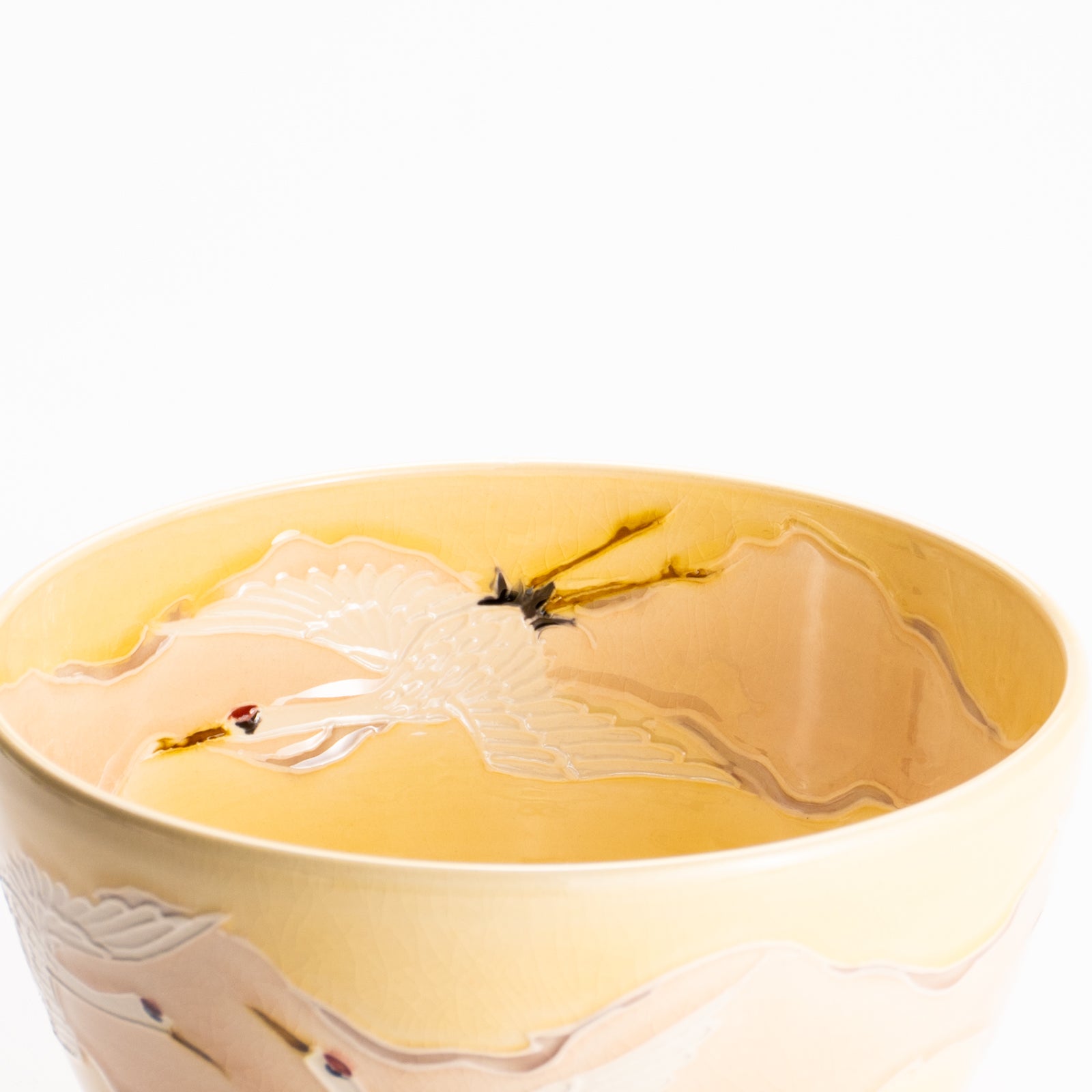 抹茶碗　淡桃交趾 "朝焼けに鶴"　一如 KOTOPOTTER