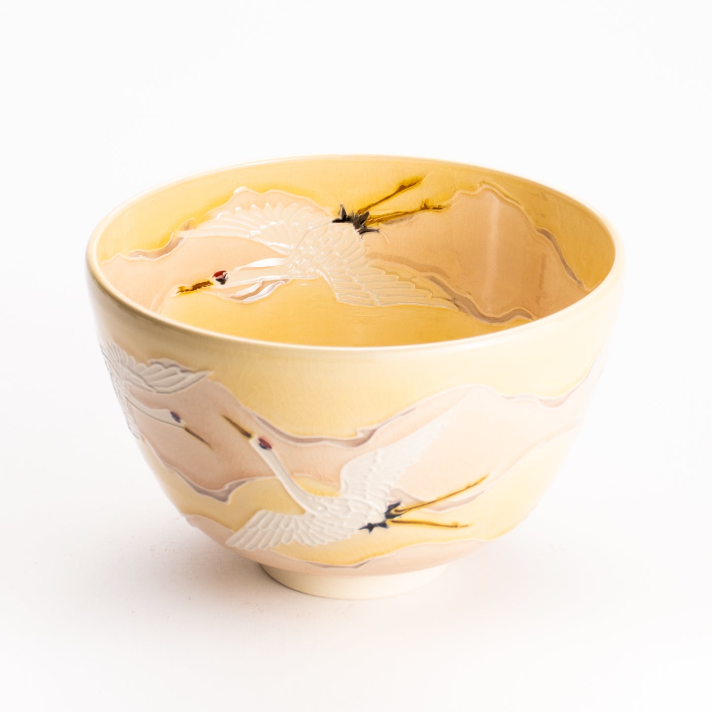 抹茶碗　淡桃交趾 "朝焼けに鶴"　一如 KOTOPOTTER