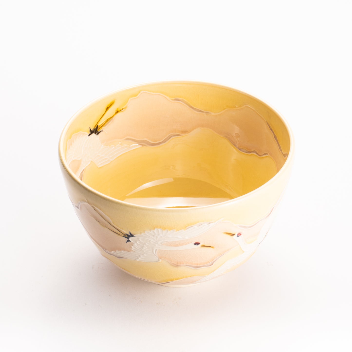 抹茶碗　淡桃交趾 "朝焼けに鶴"　一如 KOTOPOTTER