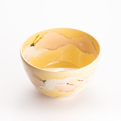 抹茶碗　淡桃交趾 "朝焼けに鶴"　一如 KOTOPOTTER