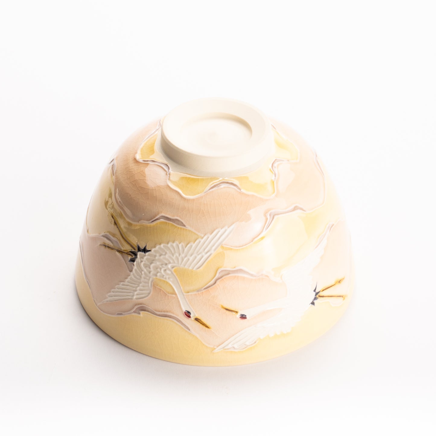 抹茶碗　淡桃交趾 "朝焼けに鶴"　一如 KOTOPOTTER