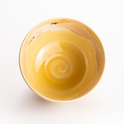 抹茶碗　淡桃交趾 "朝焼けに鶴"　一如 KOTOPOTTER