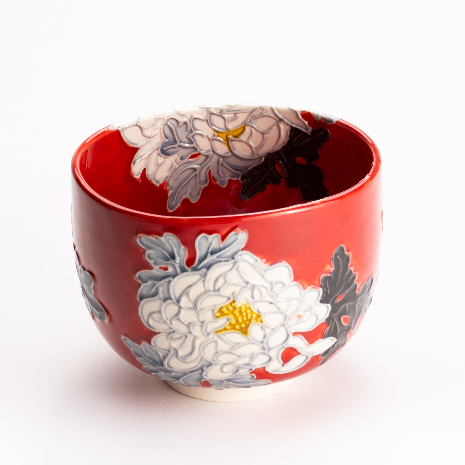 抹茶碗　朱交趾 "菊"　一如 KOTOPOTTER