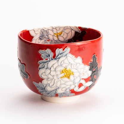 抹茶碗　朱交趾 "菊"　一如 KOTOPOTTER
