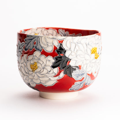 抹茶碗　朱交趾 "菊"　一如 KOTOPOTTER