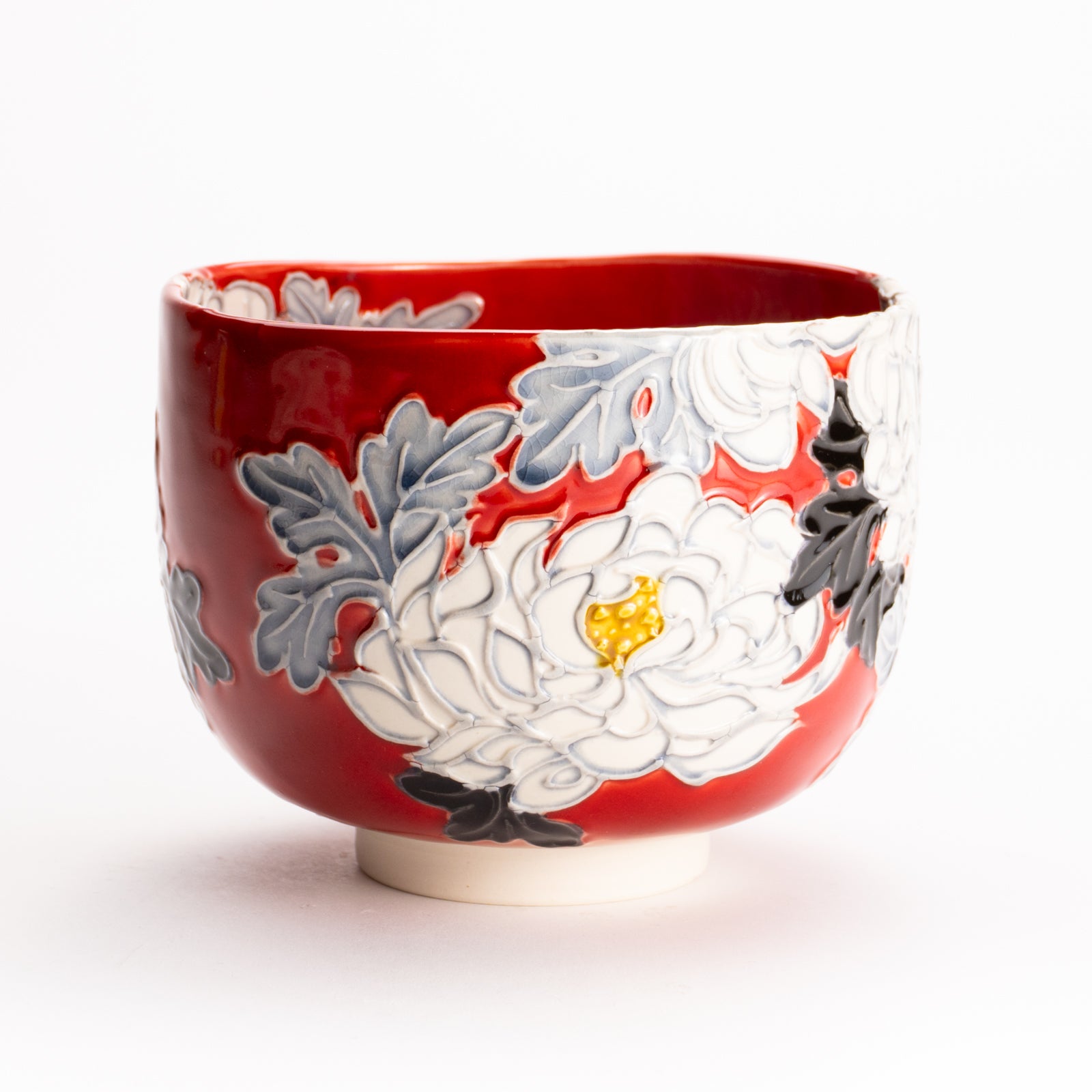 抹茶碗　朱交趾 "菊"　一如 KOTOPOTTER
