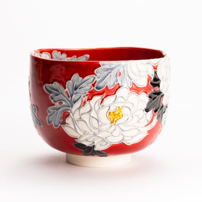抹茶碗　朱交趾 "菊"　一如 KOTOPOTTER