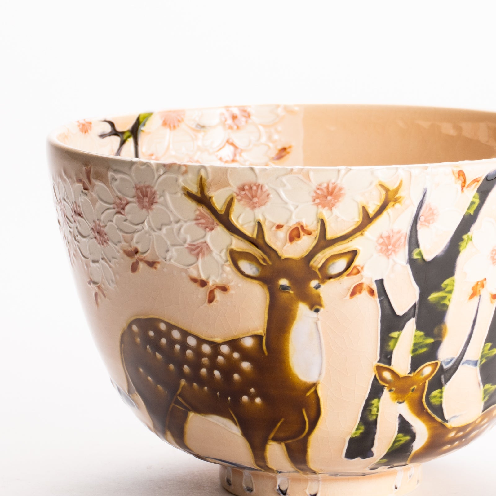抹茶碗　淡桃交趾 "鹿に桜"　一如 KOTOPOTTER