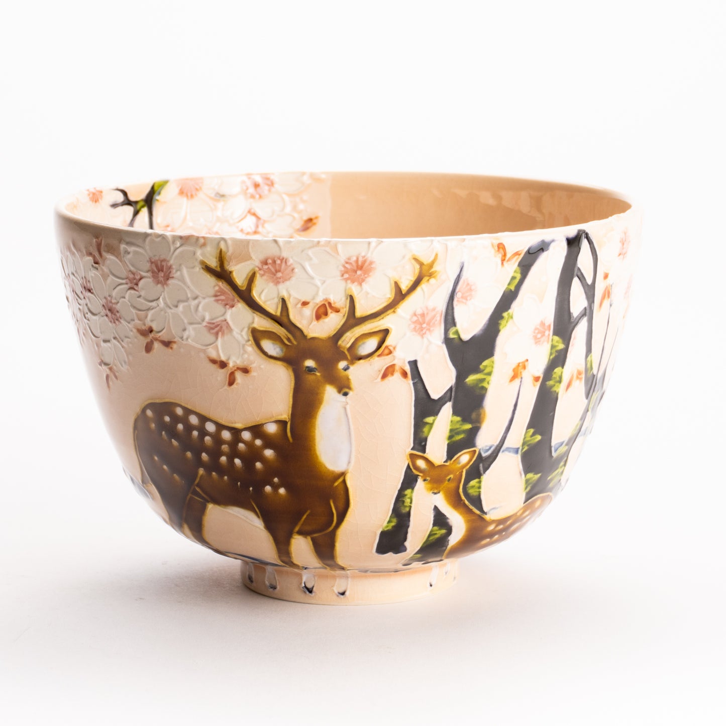 抹茶碗　淡桃交趾 "鹿に桜"　一如 KOTOPOTTER