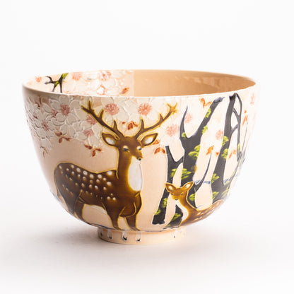 抹茶碗　淡桃交趾 "鹿に桜"　一如 KOTOPOTTER