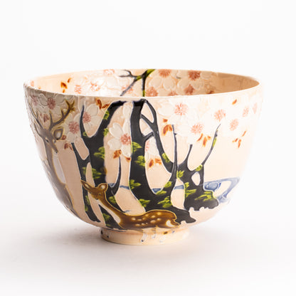 抹茶碗　淡桃交趾 "鹿に桜"　一如 KOTOPOTTER