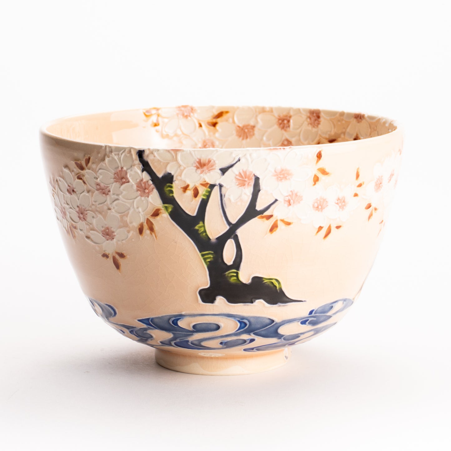 抹茶碗　淡桃交趾 "鹿に桜"　一如 KOTOPOTTER
