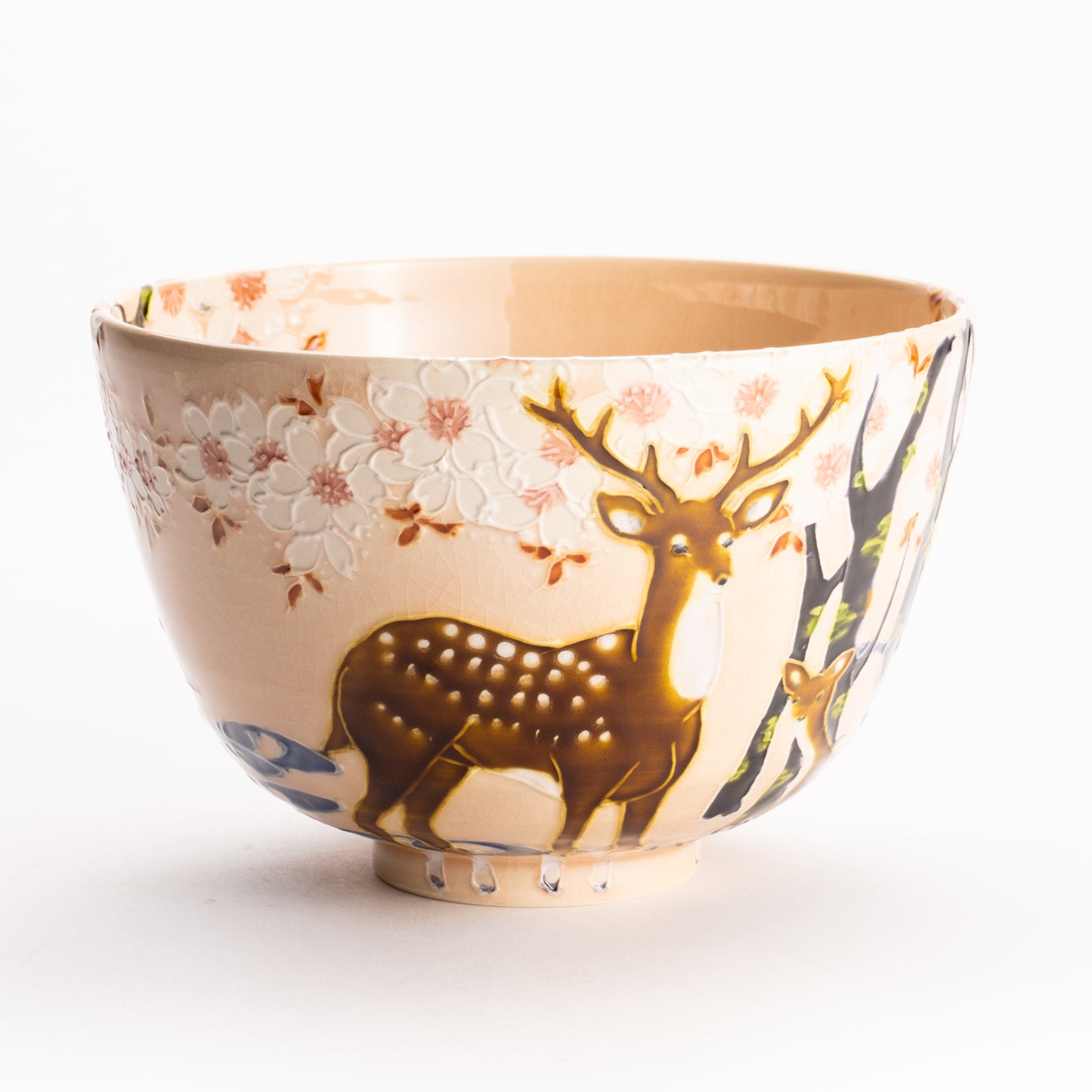 抹茶碗　淡桃交趾 "鹿に桜"　一如 KOTOPOTTER