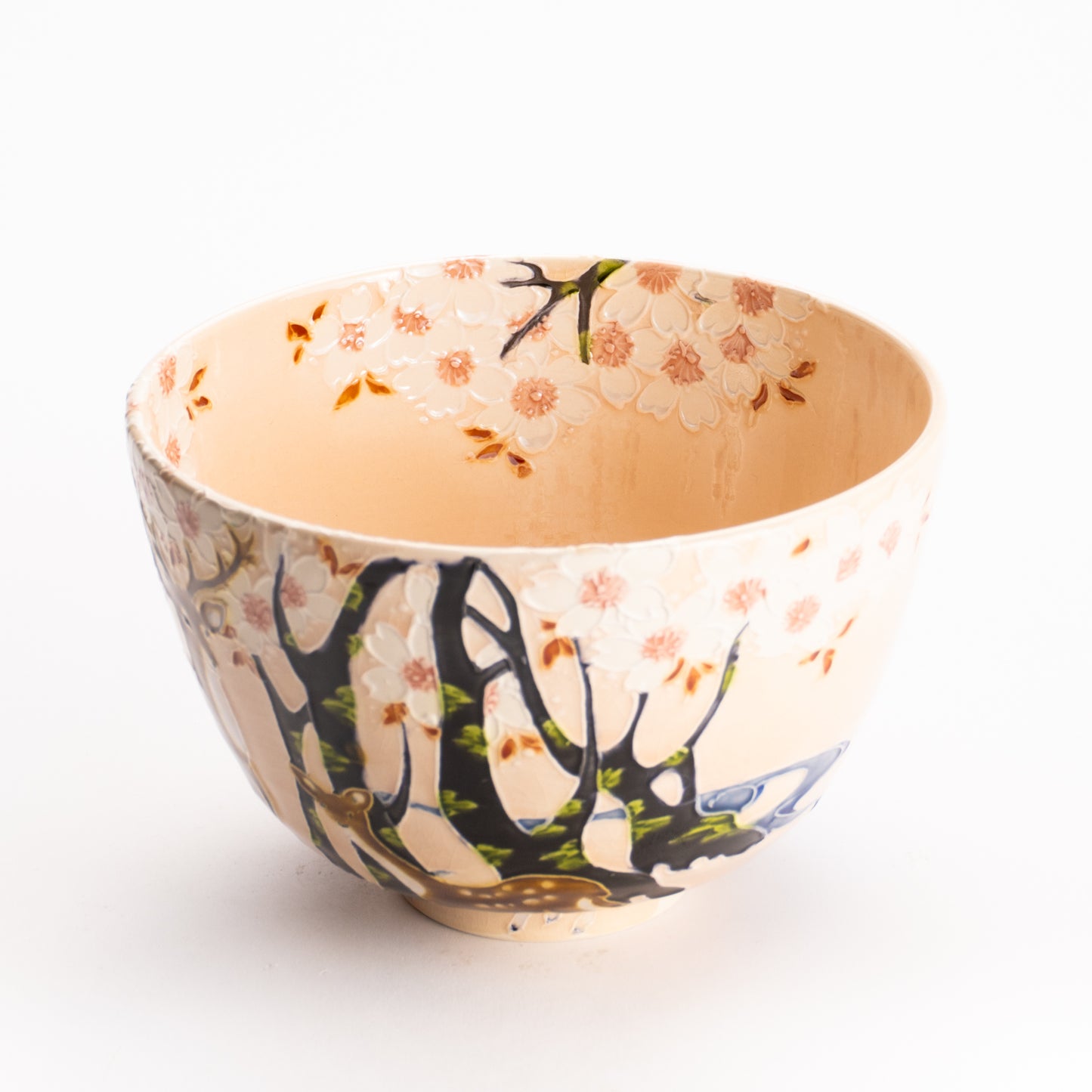抹茶碗　淡桃交趾 "鹿に桜"　一如 KOTOPOTTER
