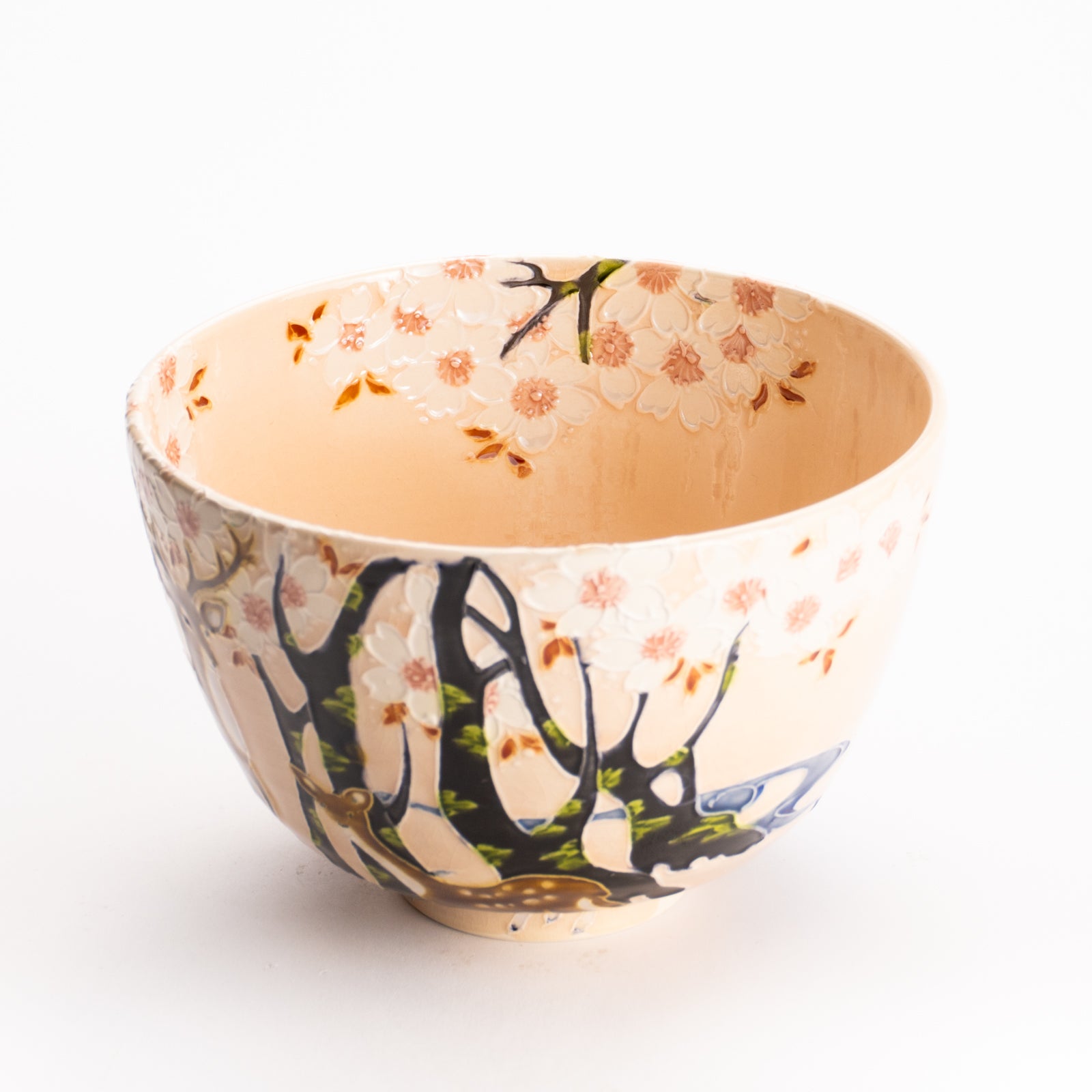 抹茶碗　淡桃交趾 "鹿に桜"　一如 KOTOPOTTER