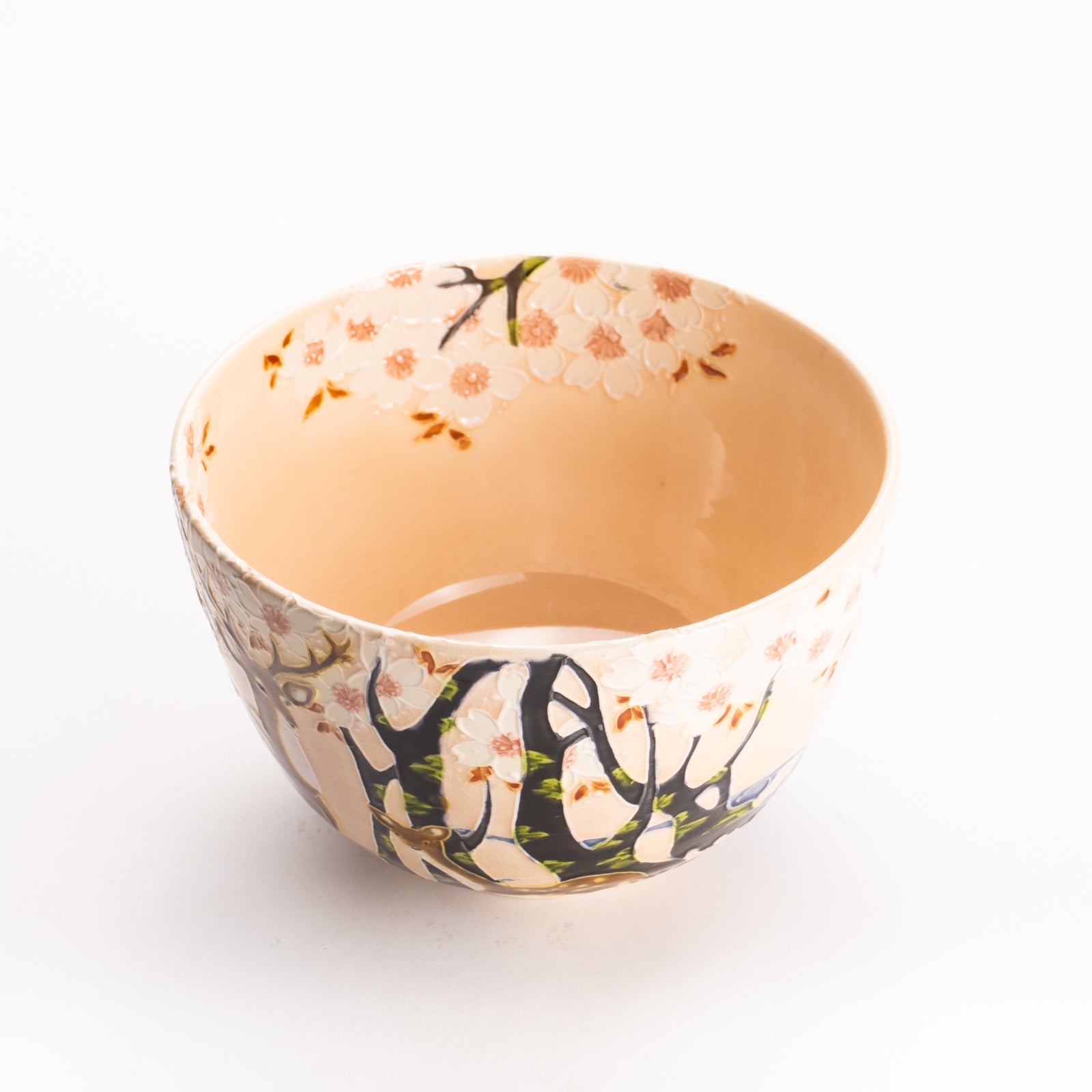 抹茶碗　淡桃交趾 "鹿に桜"　一如 KOTOPOTTER