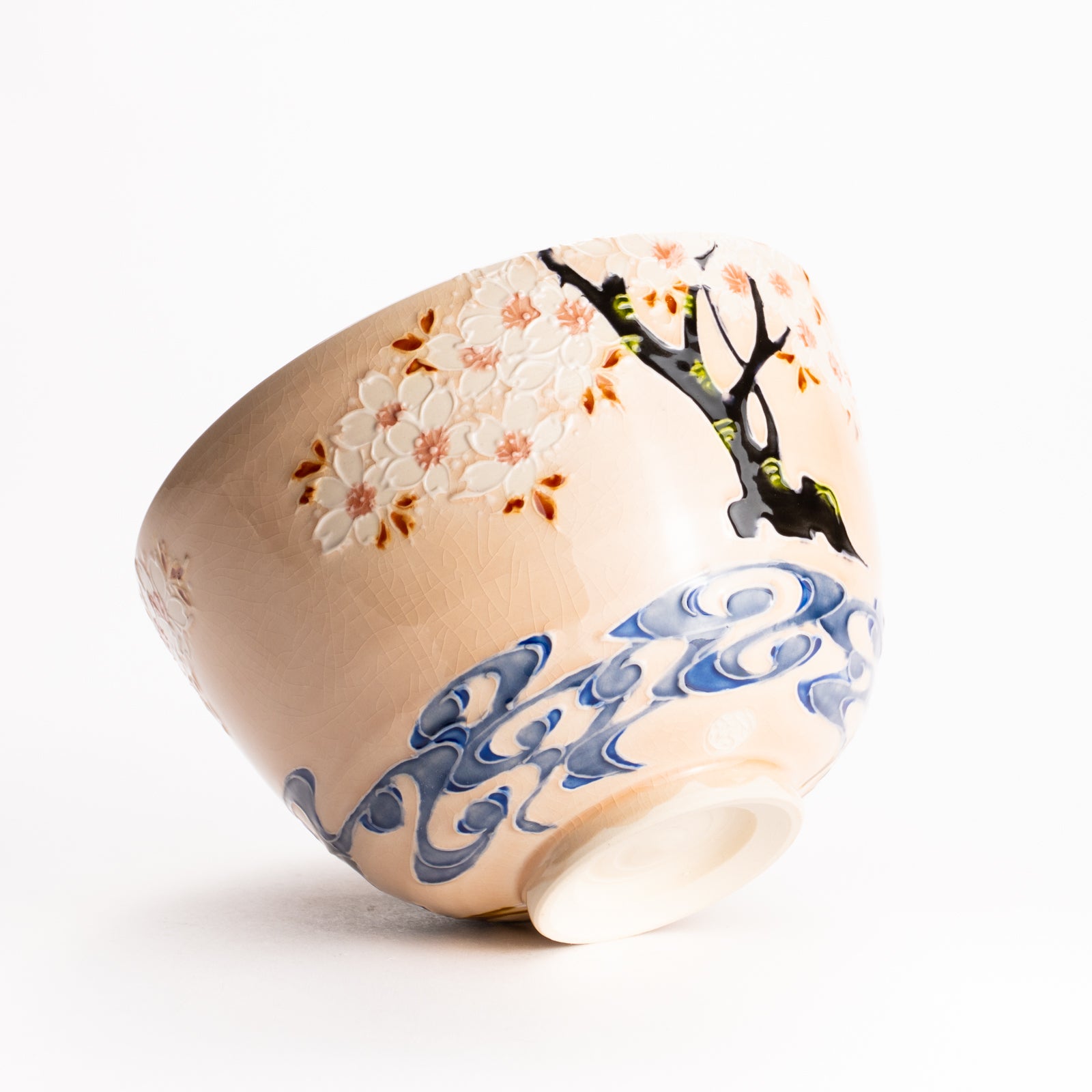 抹茶碗　淡桃交趾 "鹿に桜"　一如 KOTOPOTTER
