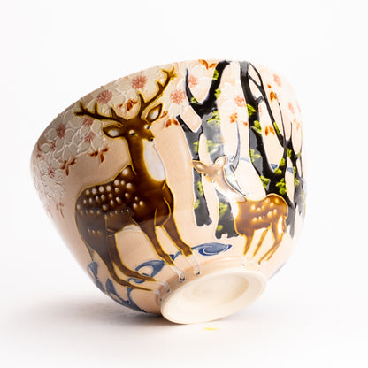 抹茶碗　淡桃交趾 "鹿に桜"　一如 KOTOPOTTER