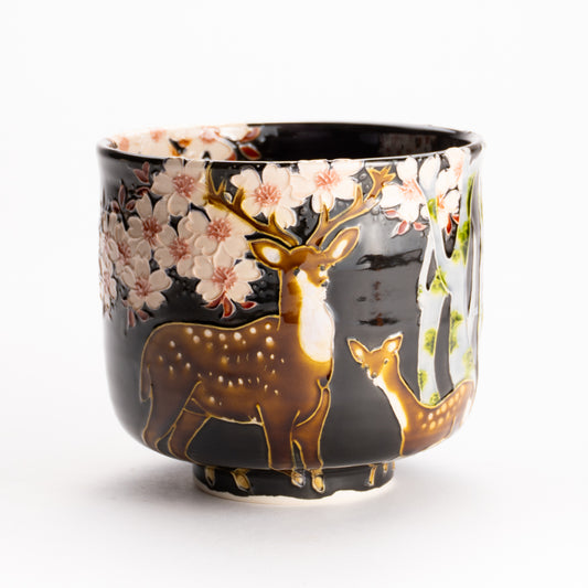 抹茶碗　紫交趾 "鹿に桜"　一如 KOTOPOTTER