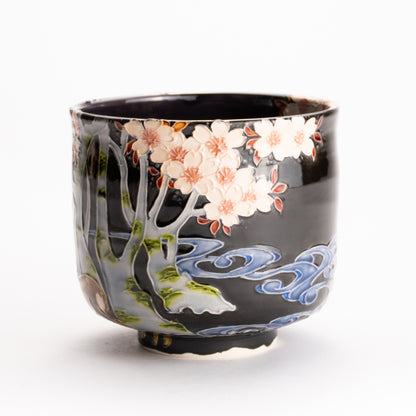 抹茶碗　紫交趾 "鹿に桜"　一如 KOTOPOTTER