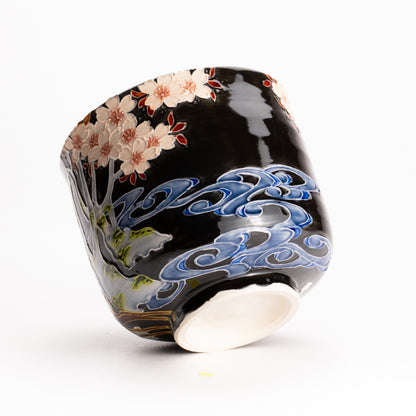 抹茶碗　紫交趾 "鹿に桜"　一如 KOTOPOTTER