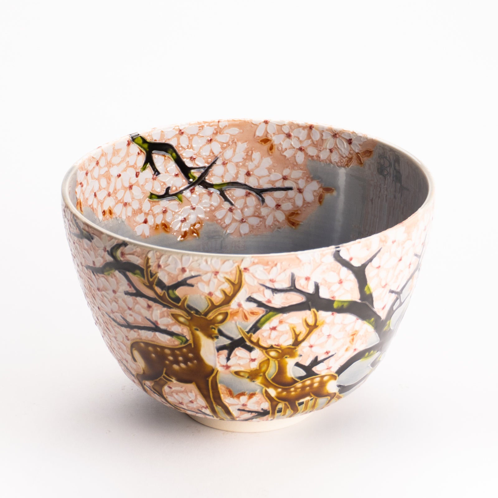 抹茶碗　淡紫交趾 "鹿に桜"　一如 KOTOPOTTER