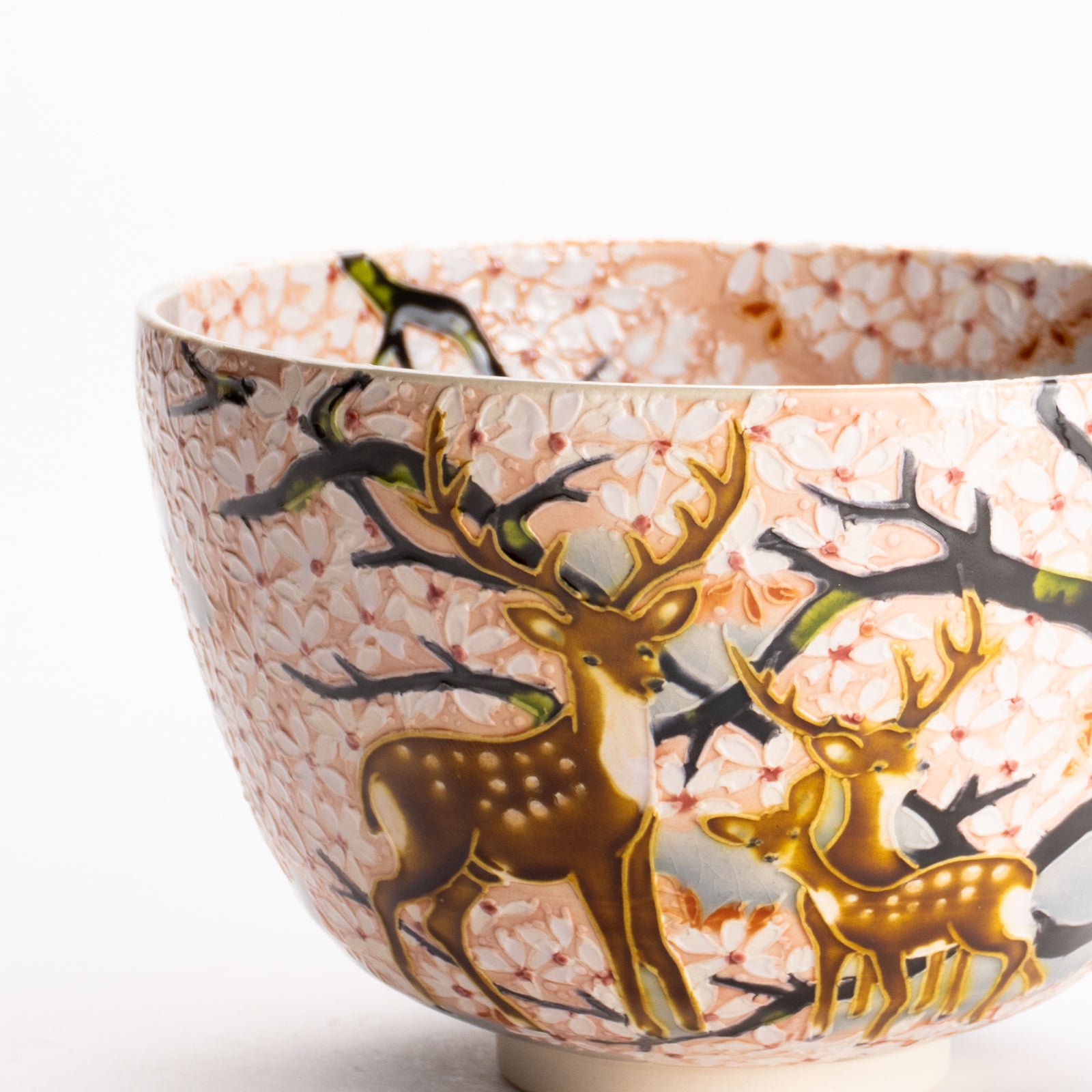抹茶碗　淡紫交趾 "鹿に桜"　一如 KOTOPOTTER