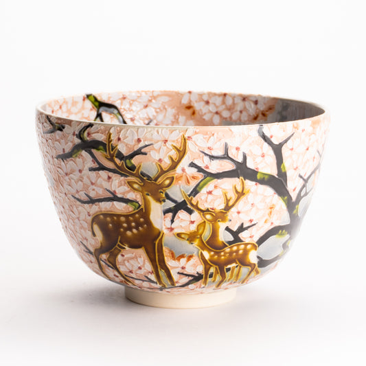 抹茶碗　淡紫交趾 "鹿に桜"　一如 KOTOPOTTER