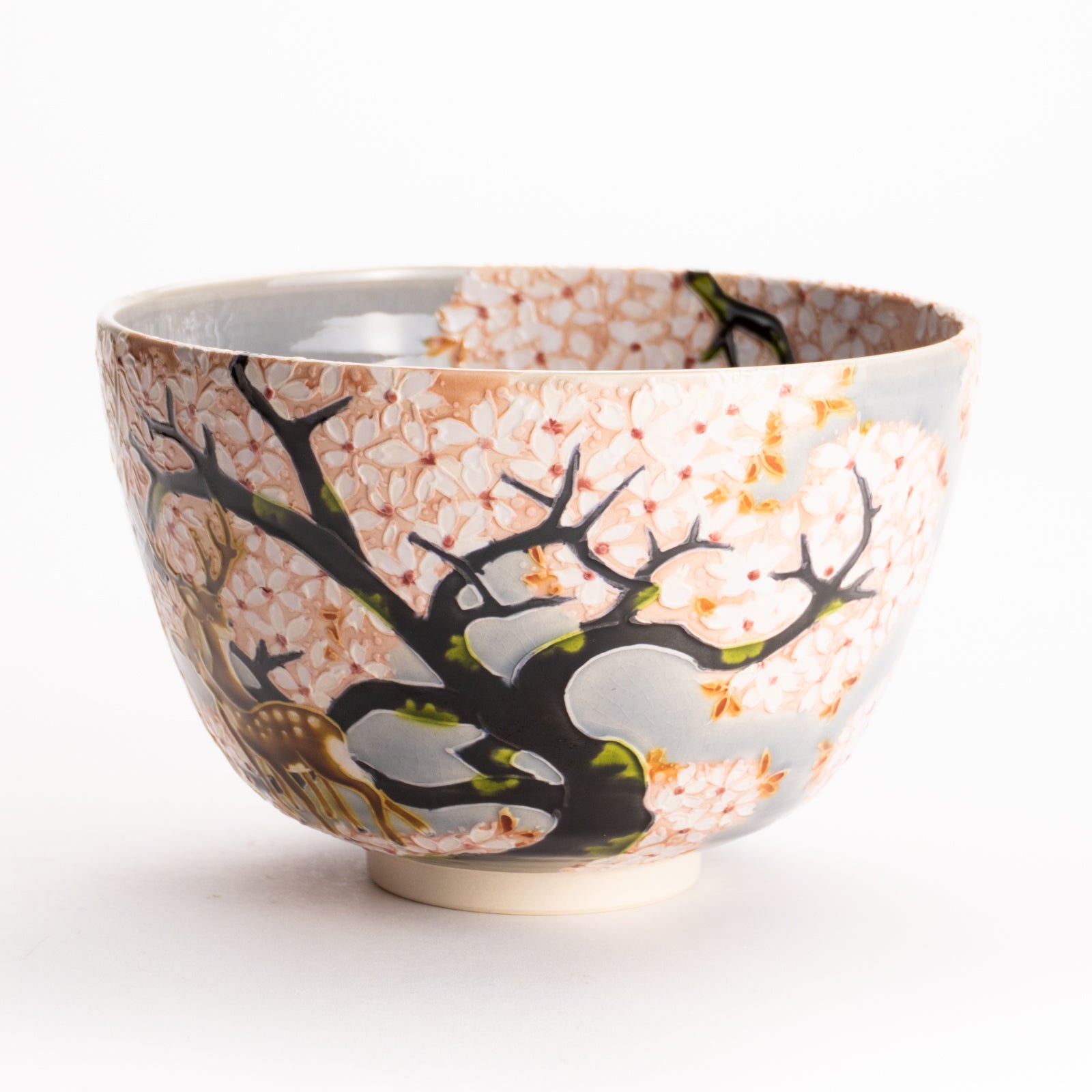 抹茶碗　淡紫交趾 "鹿に桜"　一如 KOTOPOTTER