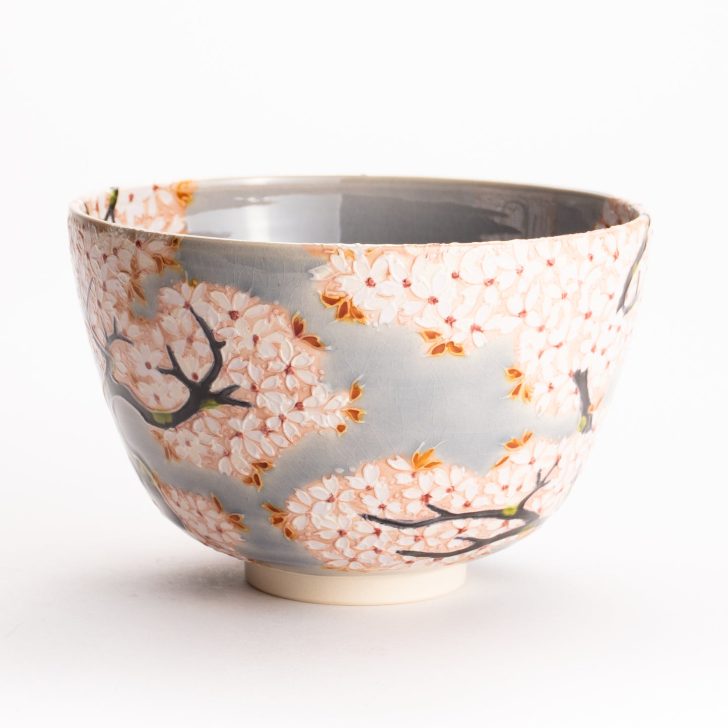 抹茶碗　淡紫交趾 "鹿に桜"　一如 KOTOPOTTER