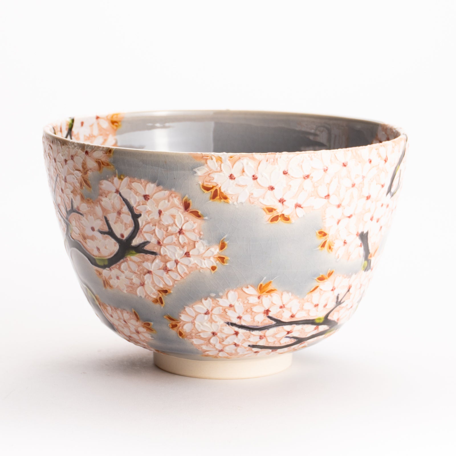 抹茶碗　淡紫交趾 "鹿に桜"　一如 KOTOPOTTER