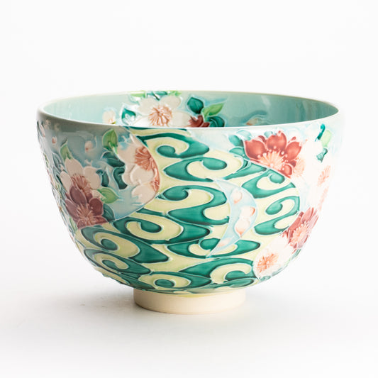 抹茶碗　淡青交趾 "桜に観世水"　一如 KOTOPOTTER