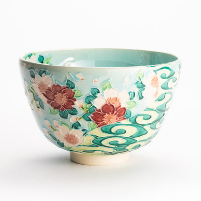 抹茶碗　淡青交趾 "桜に観世水"　一如 KOTOPOTTER
