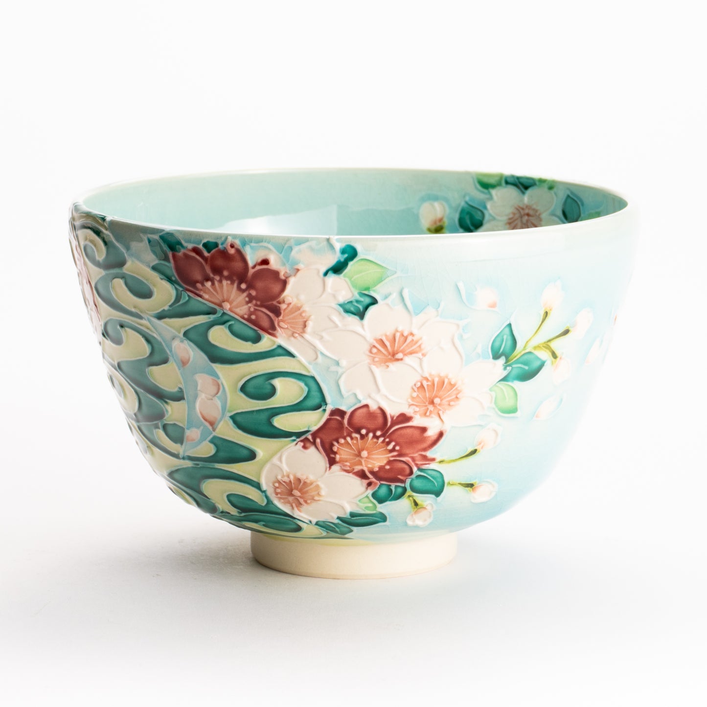 抹茶碗　淡青交趾 "桜に観世水"　一如 KOTOPOTTER