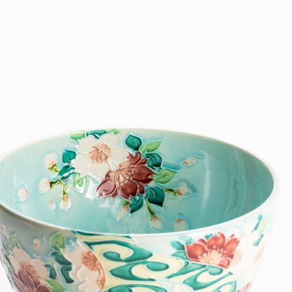 抹茶碗　淡青交趾 "桜に観世水"　一如 KOTOPOTTER