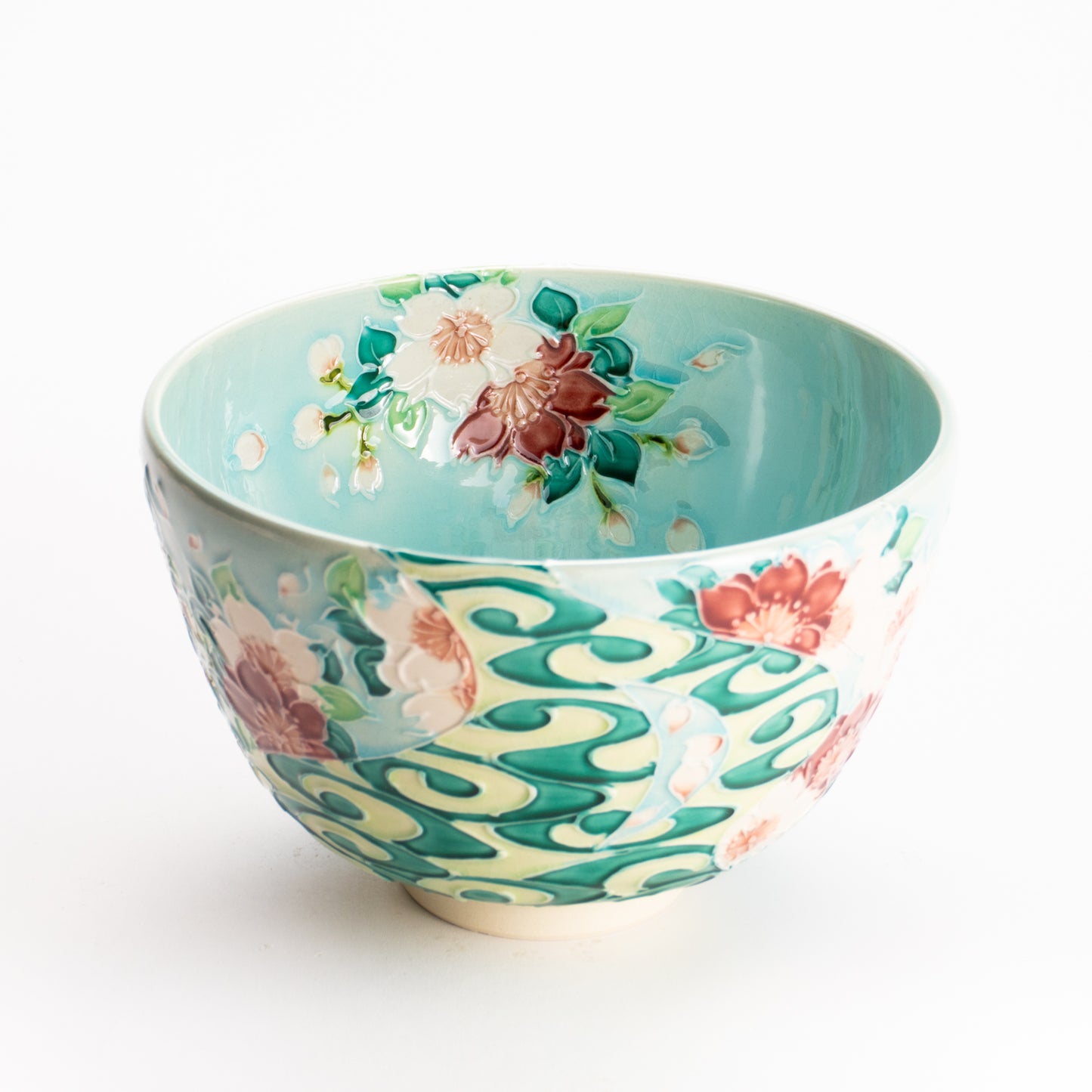 抹茶碗　淡青交趾 "桜に観世水"　一如 KOTOPOTTER